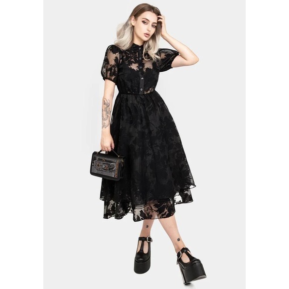 Disturbia Dresses & Skirts - NWT Disturbia Spectre Layered Midi Shirt Dress Black Burnout Floral US 6